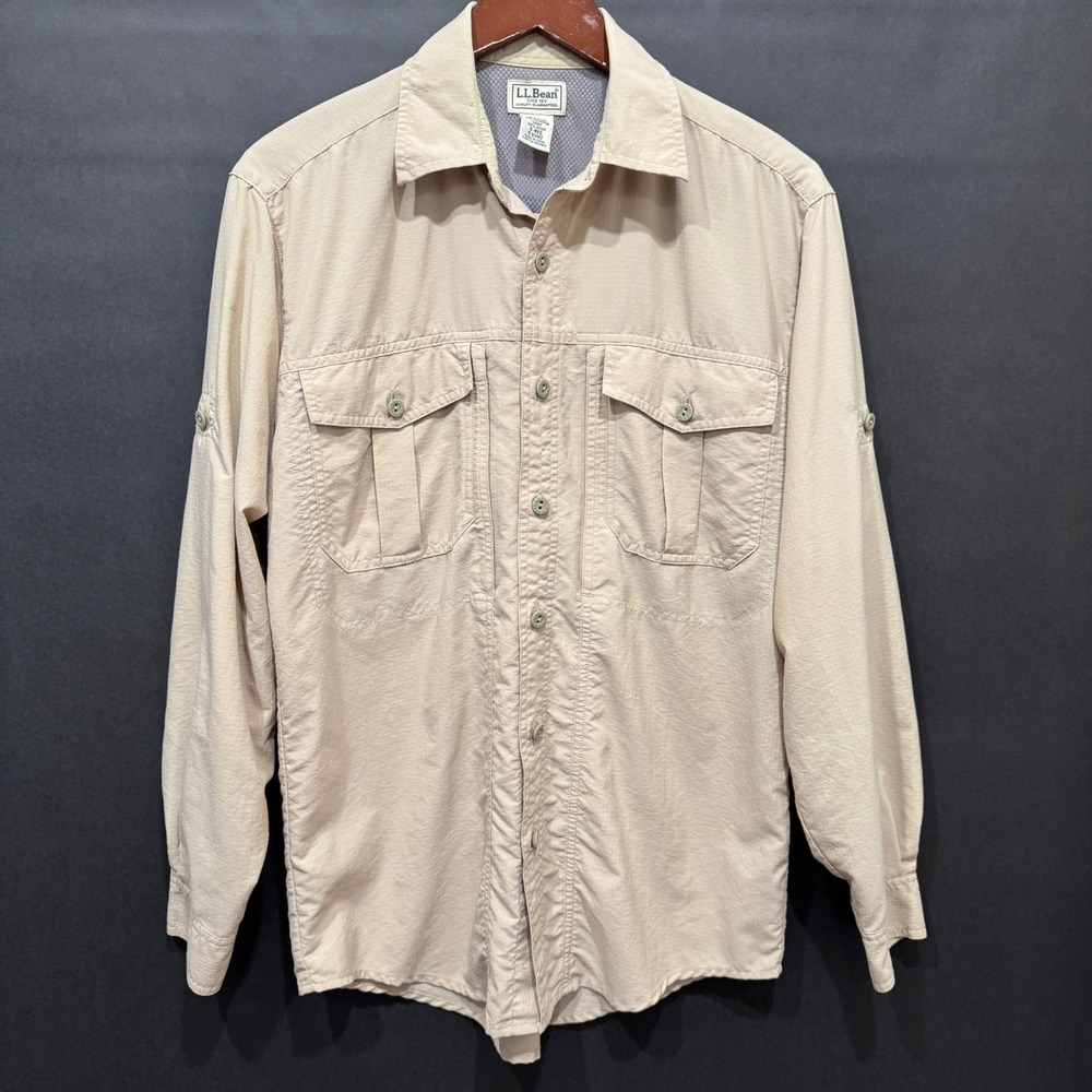 LL Bean Mens Tan Nylon Ripstop Ventilated Fishing Hiking Shirt S Regular